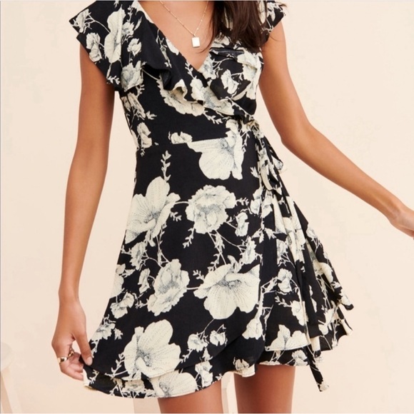 FREE PEOPLE French Quarter Mini Wrap Dress Flutter Floral Black White Small - Picture 2 of 10
